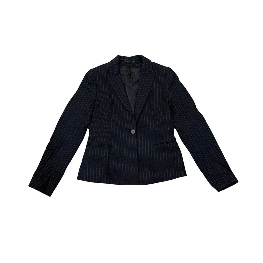 Theory Women Charcoal‎ Grey Pinstripe Wool Blazer Jacket Sz 8 Career Work Preppy